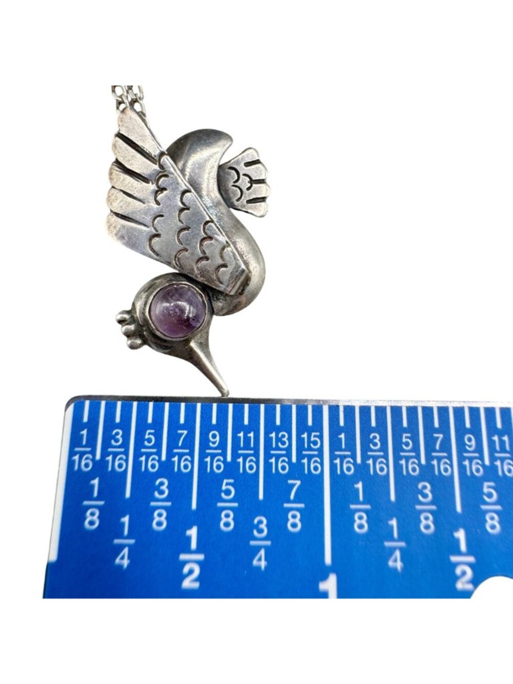 Vintage 1930s Mexican Modernist Bird Pendant Sterling w/ Amethyst Eye Signed ER - Picture 9 of 9